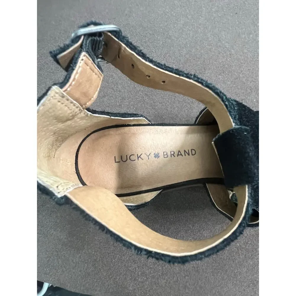 Lucky Brand Baxley Black Suede Peep Toe Stacked Heel Sandal Womem's Size 8.5
